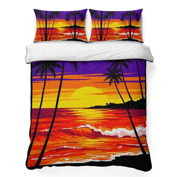 Quilts Twin XL Size Bedding Set, Sunset Beach Lightweight Quilted Comforter, Coastal Tropical Palm Tree Seaside Soft Reversible Bedspread Coverlet with Pillow Covers for All Season, 68" x 98"