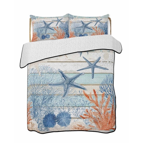 Quilts Twin-XL Size Bedding Set, Teal Blue Coastal Lightweight Quilted Comforter, Starfish Coral Shell Wooden Summer Ocean Soft Bedspread Coverlet with Pillow Covers for All Season, 68" x 98"