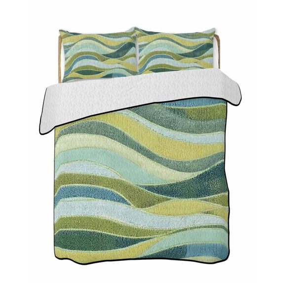Quilts Twin-XL Size Bedding Set, Teal Green Ombre Lightweight Quilted Comforter, Modern Abstract Moire Wave Striped Soft Reversible Bedspread Coverlet with Pillow Covers for All Season, 68" x 98"