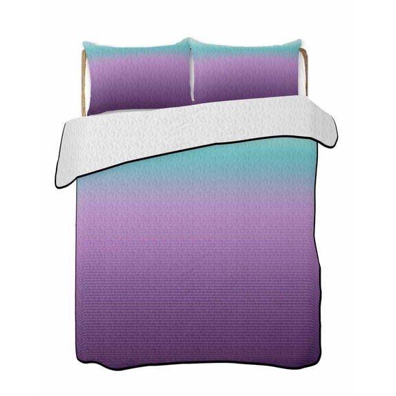Quilts Twin-XL Size Bedding Set, Teal Purple Ombre Lightweight Quilted Comforter, Modern Geometric Striped Abstract Art Soft Reversible Bedspread Coverlet with Pillow Covers for All Season, 68" x 98"