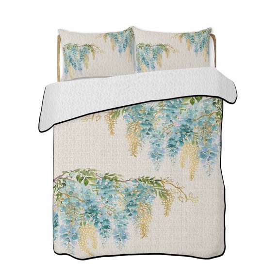 Quilts Twin-XL Size Bedding Set, Teal Weeping Floral Lightweight Quilted Comforter, Spring Summer Pastoral Flowers Rustic Soft Bedspread Coverlet with Pillow Covers for All Season, 68" x 98"
