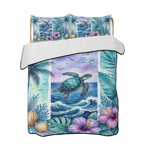 Quilts Twin-XL Size Bedding Set, Tropical Coastal Lightweight Quilted Comforter, Summer Beach Sea Turtle Palm Tree Ocean Reversible Bedspread Coverlet with Pillow Covers for All Season, 68" x 98"