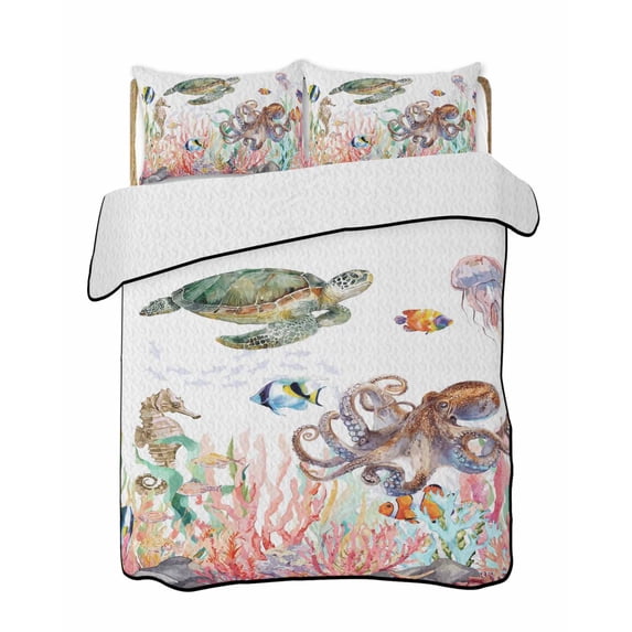 Quilts Twin-XL Size Bedding Set, Turtle Coastal Lightweight Quilted Comforter, Nautical Summer Beach Coral Seahorse Jellyfish Soft Bedspread Coverlet with Pillow Covers for All Season, 68" x 98"