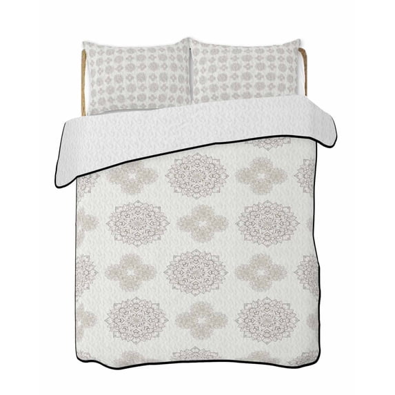 Quilts Twin-XL Size Bedding Set, Vintage Bohemia Lightweight Quilted Comforter, Gray Flowers Boho Pattern Cream Soft Reversible Bedspread Coverlet with Pillow Covers for All Season, 68" x 98"