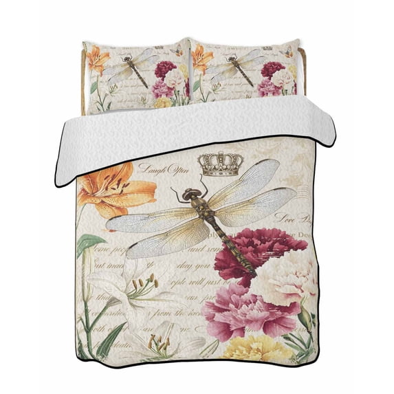 Quilts Twin-XL Size Bedding Set, Vintage Spring Floral Lightweight Quilted Comforter, Dragonfly Elegant Pastoral Flowers Reversible Bedspread Coverlet with Pillow Covers for All Season, 68" x 98"