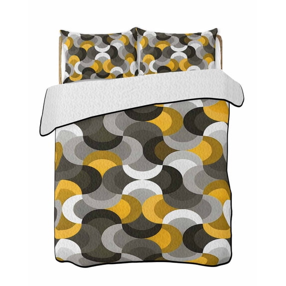Quilts Twin-XL Size Bedding Set, Yellow Grey Abstract Lightweight Quilted Comforter, Modern Geometric Ombre Artwork Soft Reversible Bedspread Coverlet with Pillow Covers for All Season, 68" x 98"
