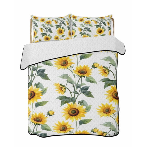 Quilts Twin-XL Size Bedding Set, Yellow Sunflowers Lightweight Quilted Comforter, Farmhouse Summer Botanical Watercolor Soft Reversible Bedspread Coverlet with Pillow Covers for All Season, 68" x 98"