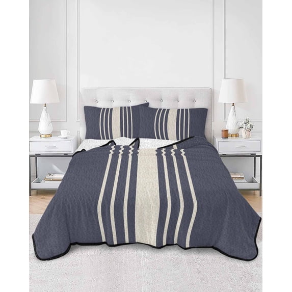 Quilts Twin XL Size, Beige Striped Soft Comforter Bedding Set for Bed, Midnight Blue Geometric Simple Retro Lightweight Quilted Bedspread with Pillow Cover(2 Pieces) for All Season, 68x98 Inch