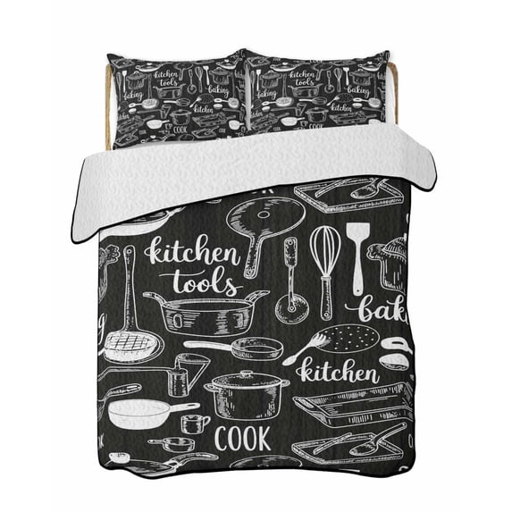 Quilts Twin XL Size, Black Kitchen Tools Soft Comforter Bedding Set for Bed, Modern Cooking Utensil Farmhouse Cookware Lightweight Quilted Bedspread with Pillow Cover(2 Pieces), 68x98 Inch