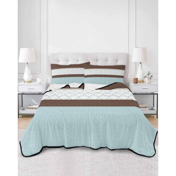 Quilts Twin XL Size, Blue Brown Morocco Soft Comforter Bedding Set for Bed, Geometric Stripes Aqua Stitching Lightweight Quilted Bedspread with Pillow Cover(2 Pieces) for All Season, 68x98 Inch