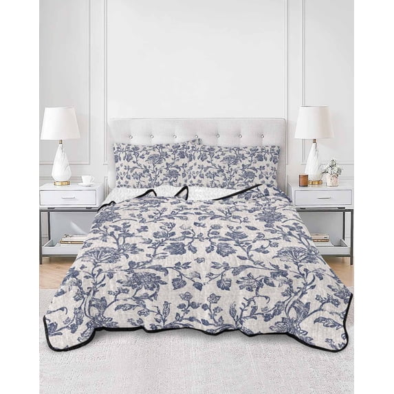 Quilts Twin XL Size, Blue Floral Leaf Soft Comforter Bedding Set for Bed, Retro Farmhouse Plant Tree Branch Lightweight Quilted Bedspread with Pillow Cover(2 Pieces) for All Season, 68x98 Inch