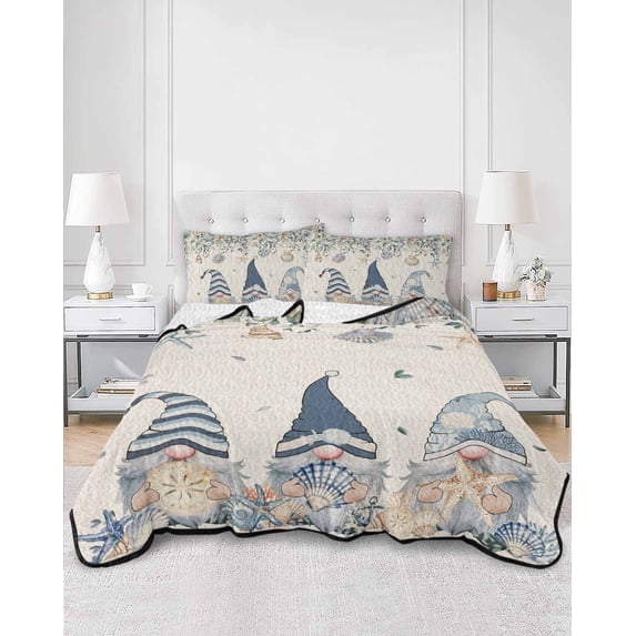 Quilts Twin XL Size, Blue Gnomes Coastal Soft Comforter Bedding Set for Bed, Summer Beach Eucalyptus Leaves Rustic Lightweight Quilted Bedspread with Pillow Cover(2 Pieces) for All Season, 68x98 Inch