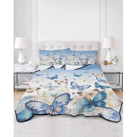 Quilts Twin XL Size, Blue Ombre Butterfly Soft Comforter Bedding Set for Bed, Pastoral Farmhouse Butterflies Lightweight Quilted Bedspread with Pillow Cover(2 Pieces) for All Season, 68x98 Inch