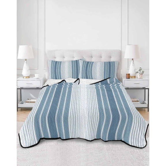 Quilts Twin XL Size, Blue Ombre Stripe Soft Comforter Bedding Set for Bed, Farmhouse Simple Striped Lightweight Quilted Bedspread with Pillow Cover(2 Pieces) for All Season, 68x98 Inch