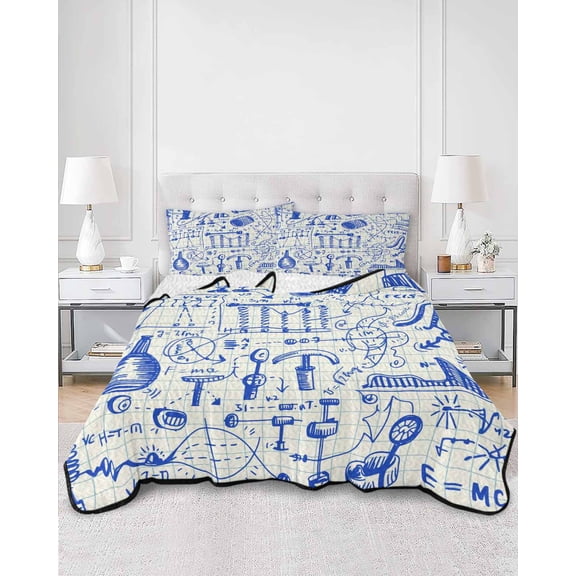 Quilts Twin XL Size, Blue Physics Soft Comforter Bedding Set for Bed, Model Laboratory Formula Equations Plaid Lightweight Quilted Bedspread with Pillow Cover(2 Pieces) for All Season, 68x98 Inch