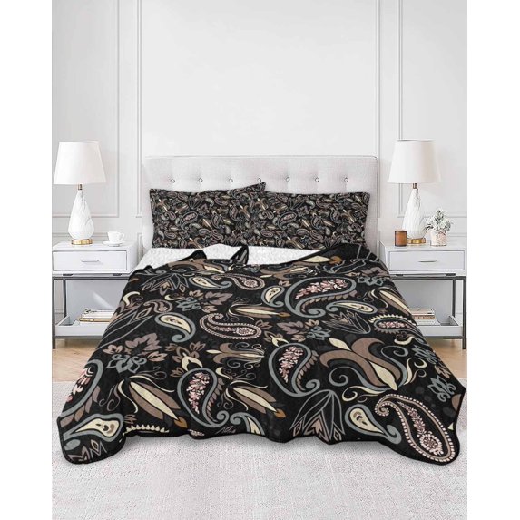 Quilts Twin XL Size, Boho Black Floral Soft Comforter Bedding Set for Bed, Farmhouse Botanical Vintage Paisley Flower Lightweight Quilted Bedspread with Pillow Cover(2 Pieces), 68x98 Inch