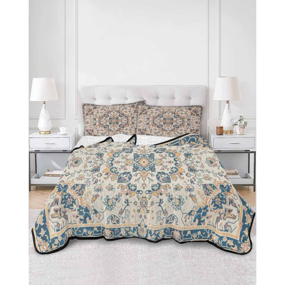 Quilts Twin XL Size, Boho Orange Blue Soft Comforter Bedding Set for Bed, Southwestern Ethnic Mexican Flowers Rustic Lightweight Quilted Bedspread with Pillow Cover(2 Pieces), 68x98 Inch