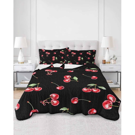 Quilts Twin XL Size, Cherry Rustic Soft Comforter Bedding Set for Bed, Spring Summer Tropic Fruit Black Lightweight Quilted Bedspread with Pillow Cover(2 Pieces) for All Season, 68x98 Inch