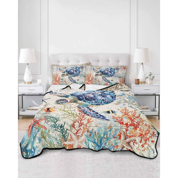 Quilts Twin XL Size, Coastal Sea Turtle Soft Comforter Bedding Set for Bed, Rustic Vintage Nautical Starfish Coral Lightweight Quilted Bedspread with Pillow Cover(2 Pieces) for All Season, 68x98 Inch