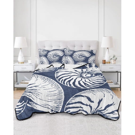 Quilts Twin XL Size, Coastal Shell Navy Blue Soft Comforter Bedding Set for Bed, Summer Ocean Shell Beach Lightweight Quilted Bedspread with Pillow Cover(2 Pieces) for All Season, 68x98 Inch