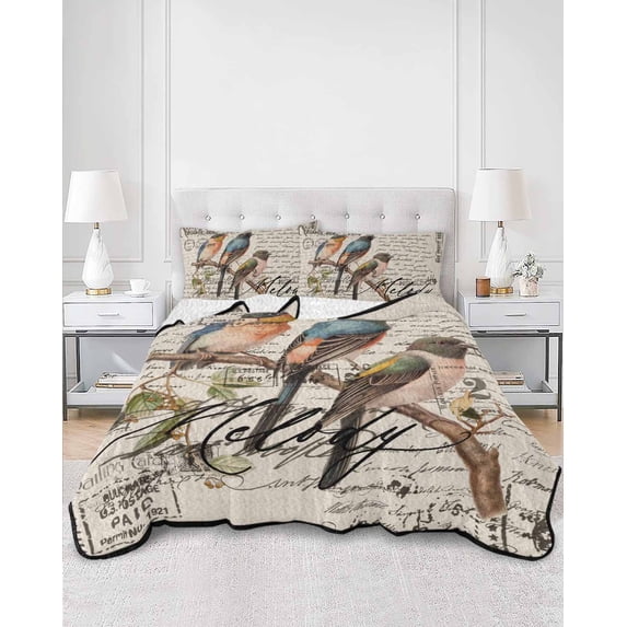 Quilts Twin XL Size, Country Birds Soft Comforter Bedding Set for Bed, Envelope Postmark Vintage Farmhouse Botancial Lightweight Quilted Bedspread with Pillow Cover(2 Pieces), 68x98 Inch