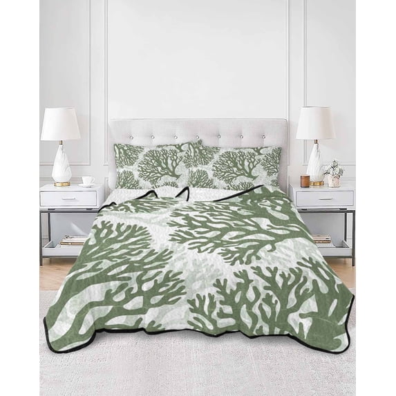 Quilts Twin XL Size, Dark Sage Green Coral Coastal Soft Comforter Bedding Set for Bed, Summer Beach Nautical Ocean Lightweight Quilted Bedspread with Pillow Cover(2 Pieces) for All Season, 68x98 Inch