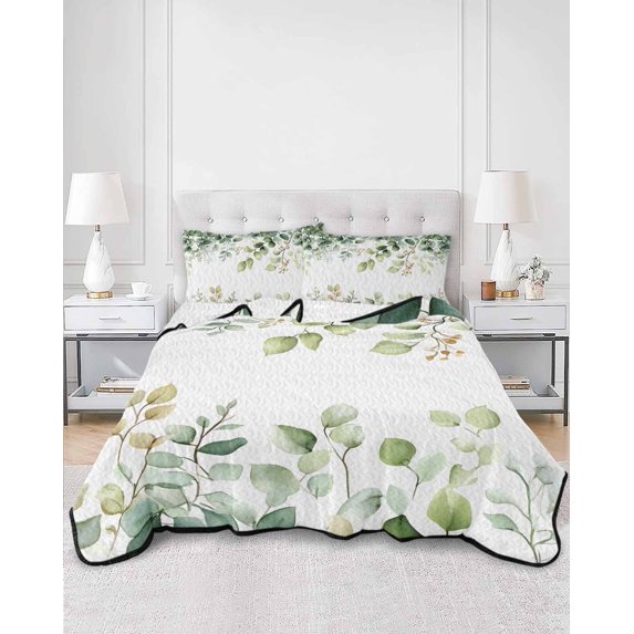 Quilts Twin XL Size, Eucalyptus Soft Comforter Bedding Set for Bed, Sage Green Brown Leaf Boho Minimalist White Lightweight Quilted Bedspread with Pillow Cover(2 Pieces) for All Season, 68x98 Inch