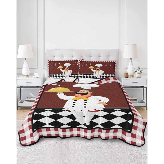 Quilts Twin XL Size, Fat Chef Soft Comforter Bedding Set for Bed, Red Gourmet Kitchen Red Black Buffalo Plaid Lightweight Quilted Bedspread with Pillow Cover(2 Pieces) for All Season, 68x98 Inch