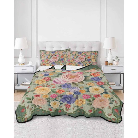 Quilts Twin XL Size, Green Boho Flower Soft Comforter Bedding Set for Bed, Spring Watercolor Country Floral Plant Lightweight Quilted Bedspread with Pillow Cover(2 Pieces) for All Season, 68x98 Inch
