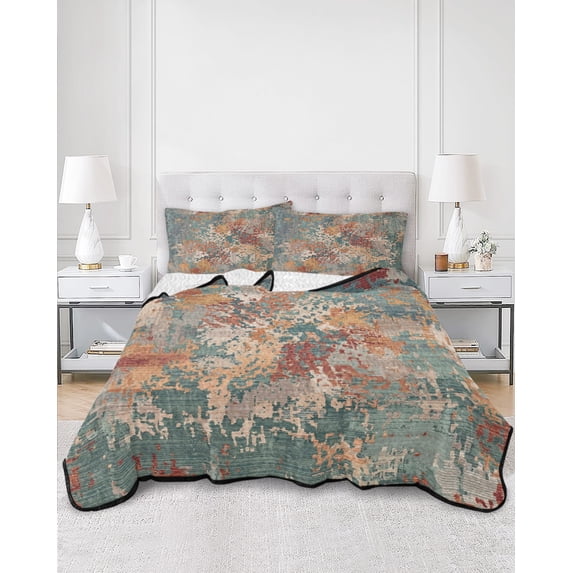 Quilts Twin XL Size, Green Brown Copper Rust Soft Comforter Bedding Set for Bed, Retro Industrial Mottled Art Lightweight Quilted Bedspread with Pillow Cover(2 Pieces) for All Season, 68x98 Inch