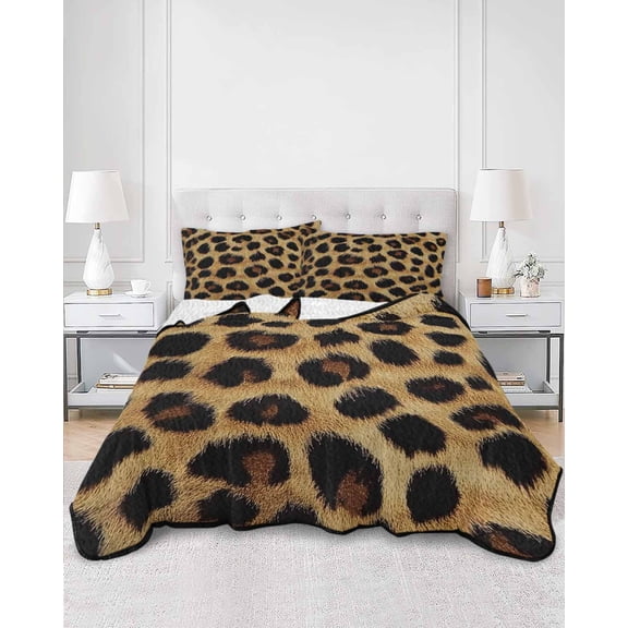 Quilts Twin XL Size, Leopard Print Soft Comforter Bedding Set for Bed, Brown Yellow Retro Animal Fur Pattern Lightweight Quilted Bedspread with Pillow Cover(2 Pieces) for All Season, 68x98 Inch