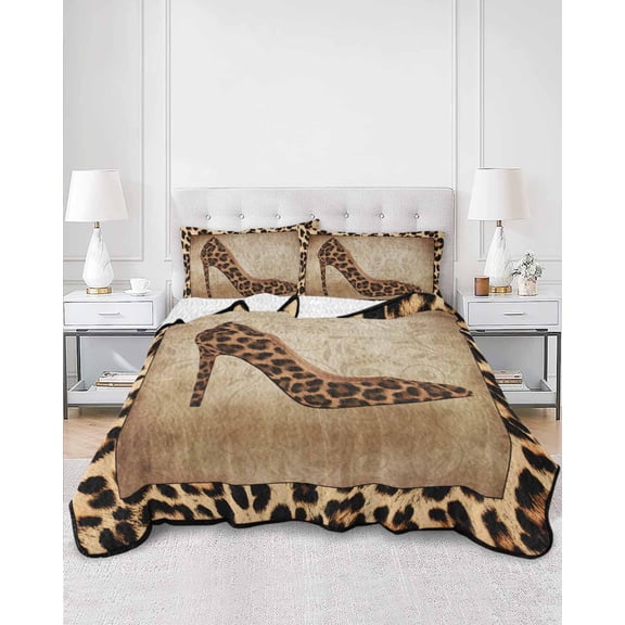 Quilts Twin XL Size, Leopard Print Soft Comforter Bedding Set for Bed, Vintage Rustic High Heels Animal Texture Lightweight Quilted Bedspread with Pillow Cover(2 Pieces) for All Season, 68x98 Inch