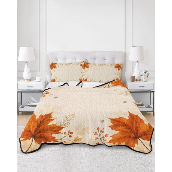 Quilts Twin XL Size, Maple Leaves Fall Soft Comforter Bedding Set for Bed, Thanksgiving Botanical Farmhouse Lightweight Quilted Bedspread with Pillow Cover(2 Pieces) for All Season, 68x98 Inch