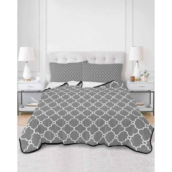 Quilts Twin XL Size, Modern Geometric Grey Soft Comforter Bedding Set for Bed, Abstract Classic Moroccan Minimalist Lightweight Quilted Bedspread with Pillow Cover(2 Pieces), 68x98 Inch