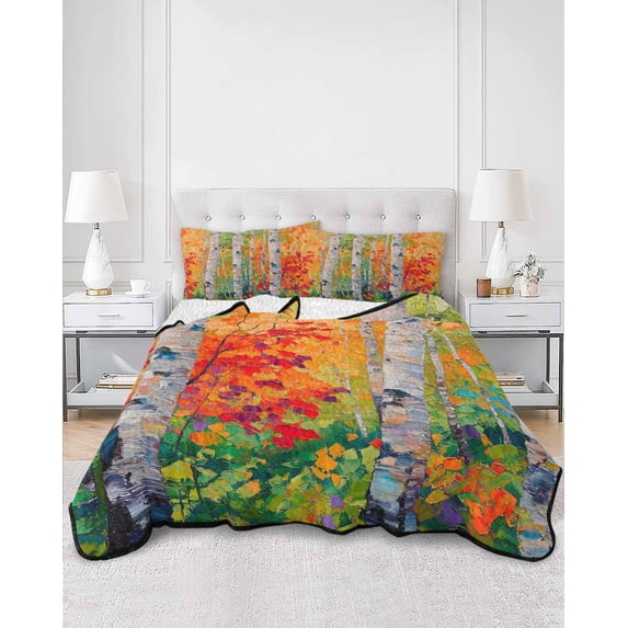 Quilts Twin XL Size, Modern Oil Painting Soft Comforter Bedding Set for Bed, Summer Tree Leaves Yellow Green Lightweight Quilted Bedspread with Pillow Cover(2 Pieces) for All Season, 68x98 Inch