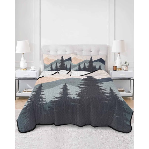 Quilts Twin XL Size, Mountain Forest Soft Comforter Bedding Set for Bed, Nature Tree Scenery Watercolor Pink Blue Lightweight Quilted Bedspread with Pillow Cover(2 Pieces) for All Season, 68x98 Inch