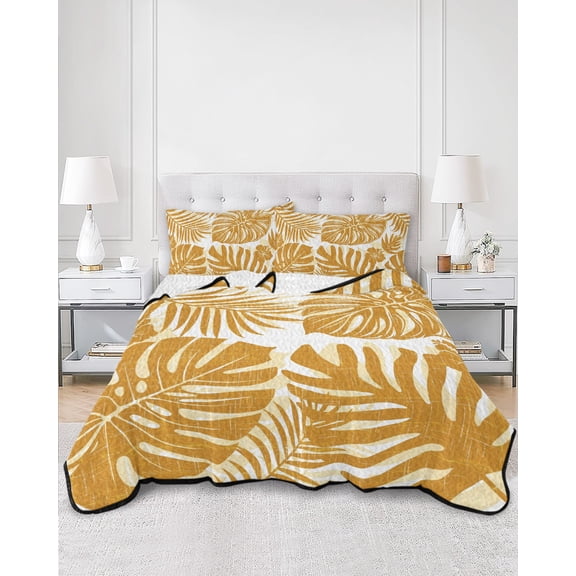 Quilts Twin XL Size, Mustard Monstera Soft Comforter Bedding Set for Bed, Palm Tree Leaf Boho Botanical Tropical Lightweight Quilted Bedspread with Pillow Cover(2 Pieces) for All Season, 68x98 Inch