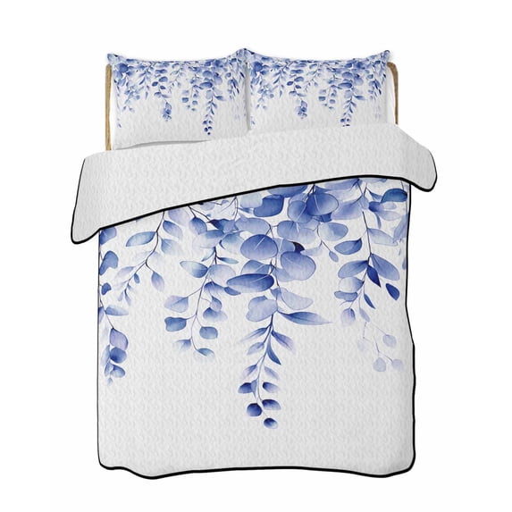 Quilts Twin XL Size, Navy Blue Eucalyptus Leaves Soft Comforter Bedding Set for Bed, Spring Rustic Botanical Lightweight Quilted Bedspread with Pillow Cover(2 Pieces) for All Season, 68x98 Inch