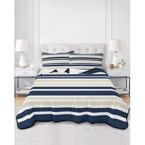 Quilts Twin XL Size, Navy Blue Khaki Striped Soft Comforter Bedding Set for Bed, Gradient Horizontal Lines Lightweight Quilted Bedspread with Pillow Cover(2 Pieces) for All Season, 68x98 Inch