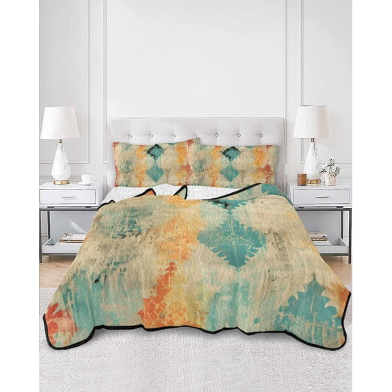 Quilts Twin XL Size, Orange Teal Red Soft Comforter Bedding Set for Bed, Boho Ethnic Abstract Splashing Art Lightweight Quilted Bedspread with Pillow Cover(2 Pieces) for All Season, 68x98 Inch