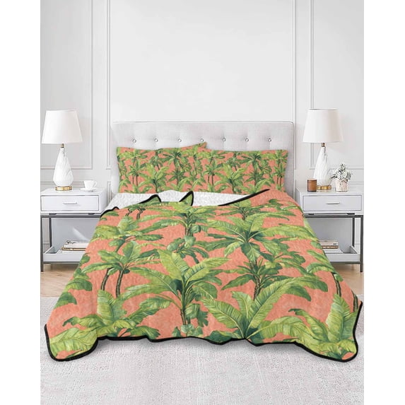 Quilts Twin XL Size, Palm Tree Tropical Soft Comforter Bedding Set for Bed, Pink Summer Green Botanical Lightweight Quilted Bedspread with Pillow Cover(2 Pieces) for All Season, 68x98 Inch