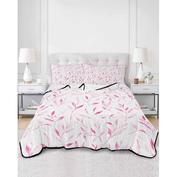 Quilts Twin XL Size, Pink Leaf Soft Comforter Bedding Set for Bed, Modern Botanical Foliage Plant Country Flower Lightweight Quilted Bedspread with Pillow Cover(2 Pieces) for All Season, 68x98 Inch
