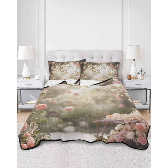 Quilts Twin XL Size, Pink Rose Spring Floral Soft Comforter Bedding Set for Bed, Summer Roses Flowers Farmhouse Lightweight Quilted Bedspread with Pillow Cover(2 Pieces) for All Season, 68x98 Inch