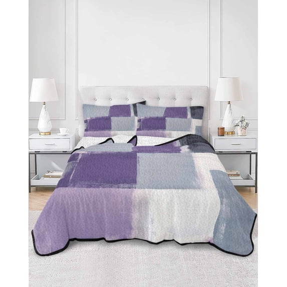 Quilts Twin XL Size, Purple Grey Soft Comforter Bedding Set for Bed, Modern White Graffiti Square Smear Texture Lightweight Quilted Bedspread with Pillow Cover(2 Pieces) for All Season, 68x98 Inch