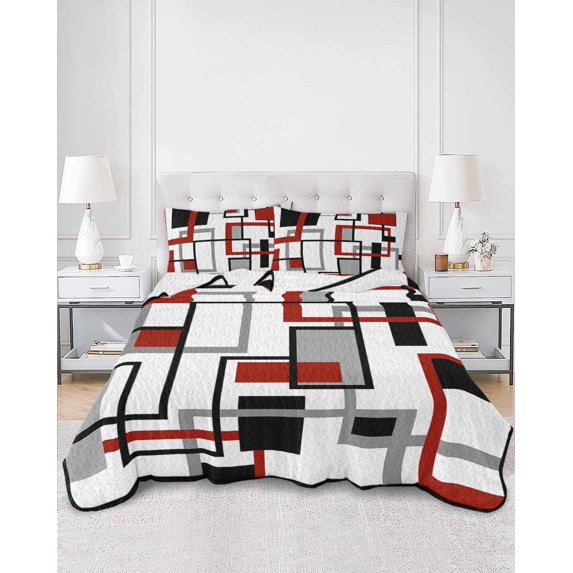 Quilts Twin XL Size, Red Black Grey Geometric Soft Comforter Bedding Set for Bed, Middle Century Modern Abstract Art Lightweight Quilted Bedspread with Pillow Cover(2 Pieces), 68x98 Inch