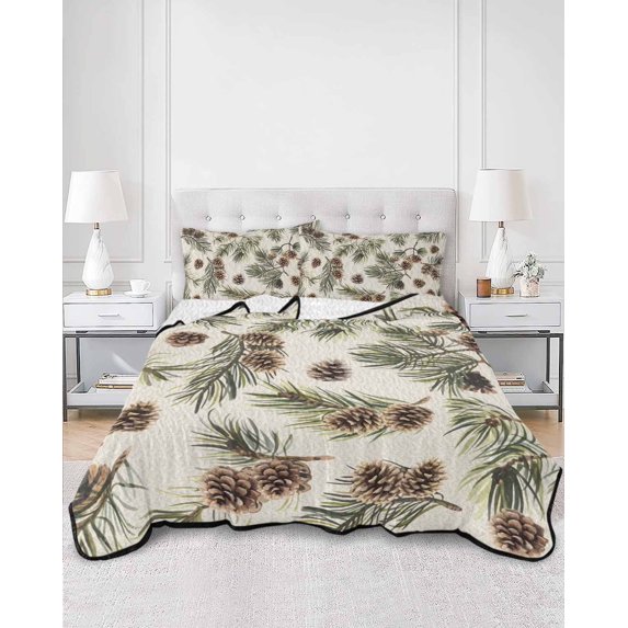 Quilts Twin XL Size, Sage Green Christmas Soft Comforter Bedding Set for Bed, Rustic Pine Cones Xmas Botanical Lightweight Quilted Bedspread with Pillow Cover(2 Pieces) for All Season, 68x98 Inch