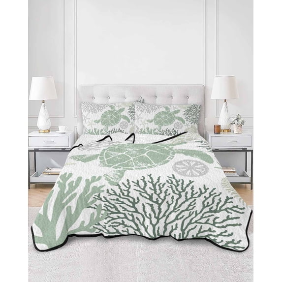 Quilts Twin XL Size, Sage Green Coastal Turtle Soft Comforter Bedding Set for Bed, Ocean Coral Nautical Lightweight Quilted Bedspread with Pillow Cover(2 Pieces) for All Season, 68x98 Inch