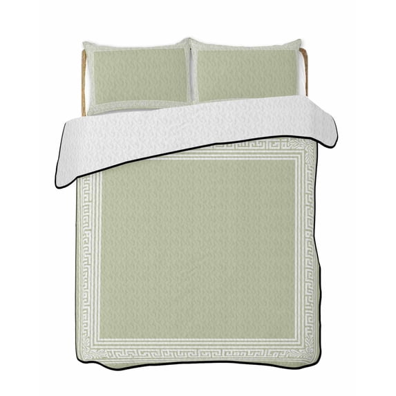Quilts Twin XL Size, Sage Green Geometric Soft Comforter Bedding Set for Bed, White Greek Key Design Abstract Modern Art Lightweight Quilted Bedspread with Pillow Cover(2 Pieces), 68x98 Inch