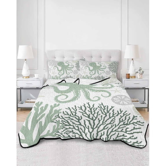 Quilts Twin XL Size, Sage Green Octopus Coastal Soft Comforter Bedding Set for Bed, Nautical Coral Starfish Lightweight Quilted Bedspread with Pillow Cover(2 Pieces) for All Season, 68x98 Inch