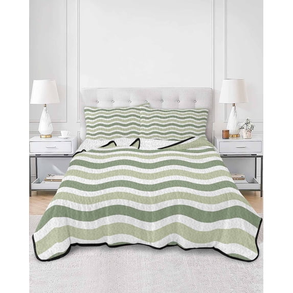 Quilts Twin XL Size, Sage Green Soft Comforter Bedding Set for Bed, Abstract Geometric Ocean Wave Stripe Lightweight Quilted Bedspread with Pillow Cover(2 Pieces) for All Season, 68x98 Inch